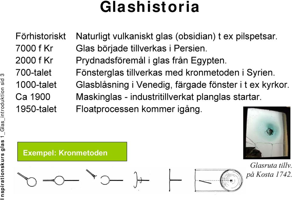 700-talet Fönsterglas tillverkas med kronmetoden i Syrien. 1000-talet Glasblåsning i Venedig, färgade fönster i t ex kyrkor.
