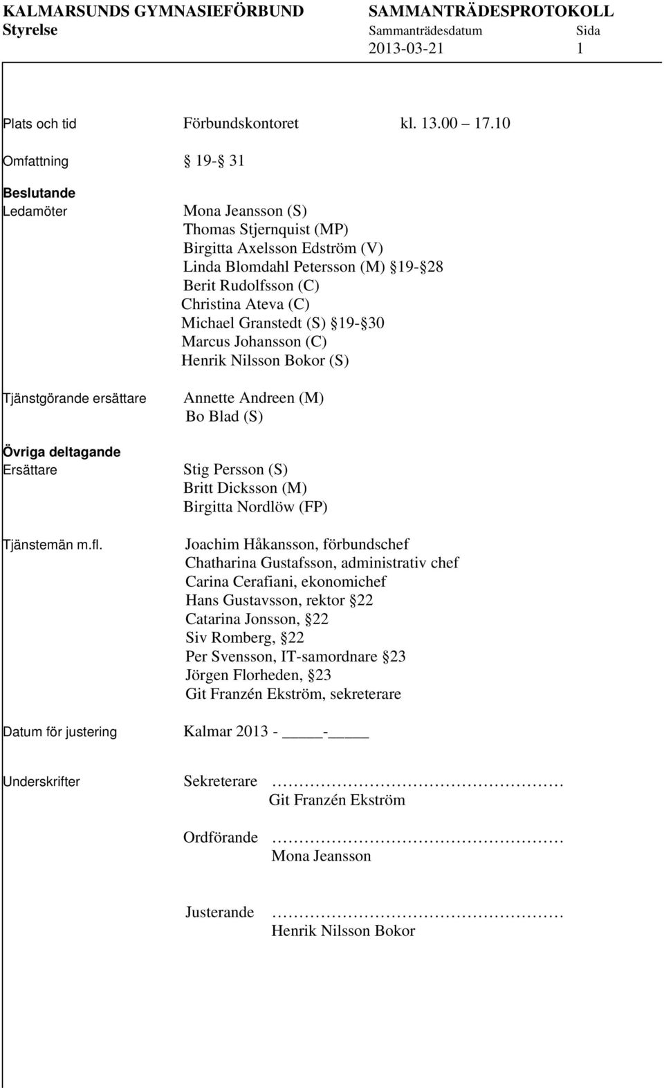 Marcus Johansson (C) Henrik Nilsson Bokor (S) Annette Andreen (M) Bo Blad (S) Stig Persson (S) Britt Dicksson (M) Birgitta Nordlöw (FP) Joachim Håkansson, förbundschef Chatharina Gustafsson,