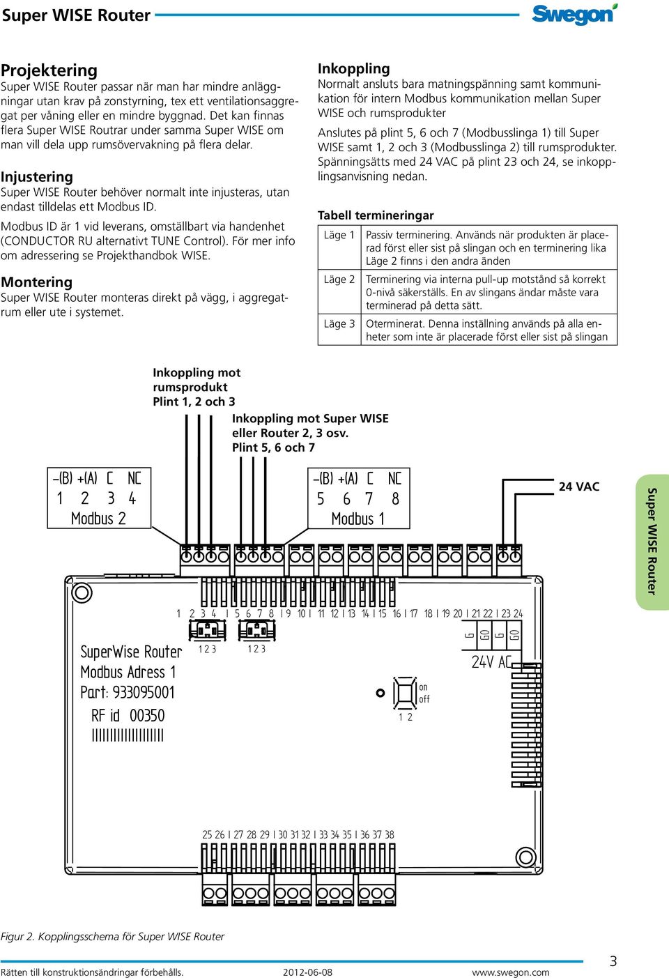 Modbus ID är 1 vid leverans, omställbart via handenhet (CONDUCTOR RU alternativt TUNE Control). För mer info om adressering se Projekthandbok WISE.