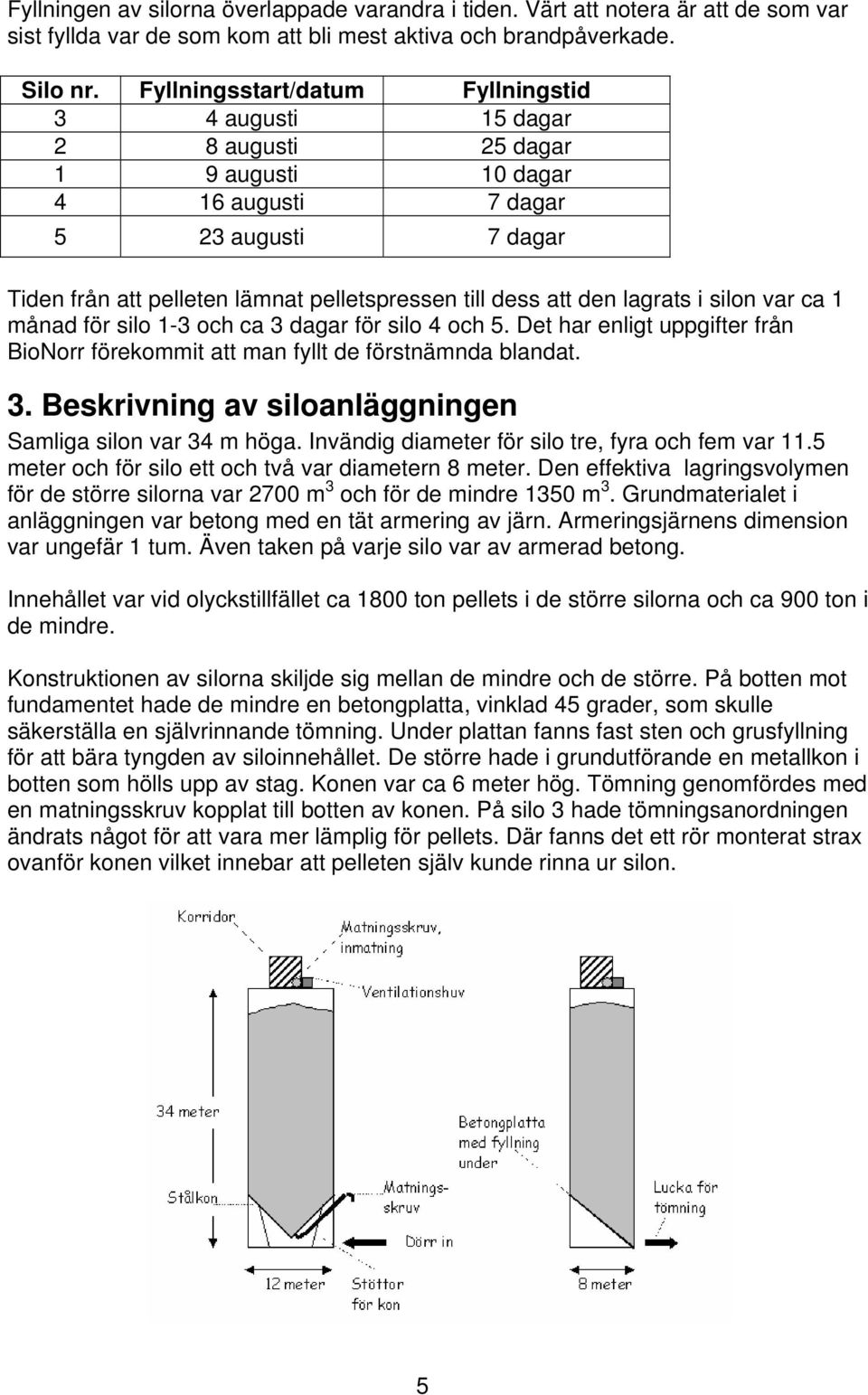 den lagrats i silon var ca 1 månad för silo 1-3 och ca 3 dagar för silo 4 och 5. Det har enligt uppgifter från BioNorr förekommit att man fyllt de förstnämnda blandat. 3. Beskrivning av siloanläggningen Samliga silon var 34 m höga.