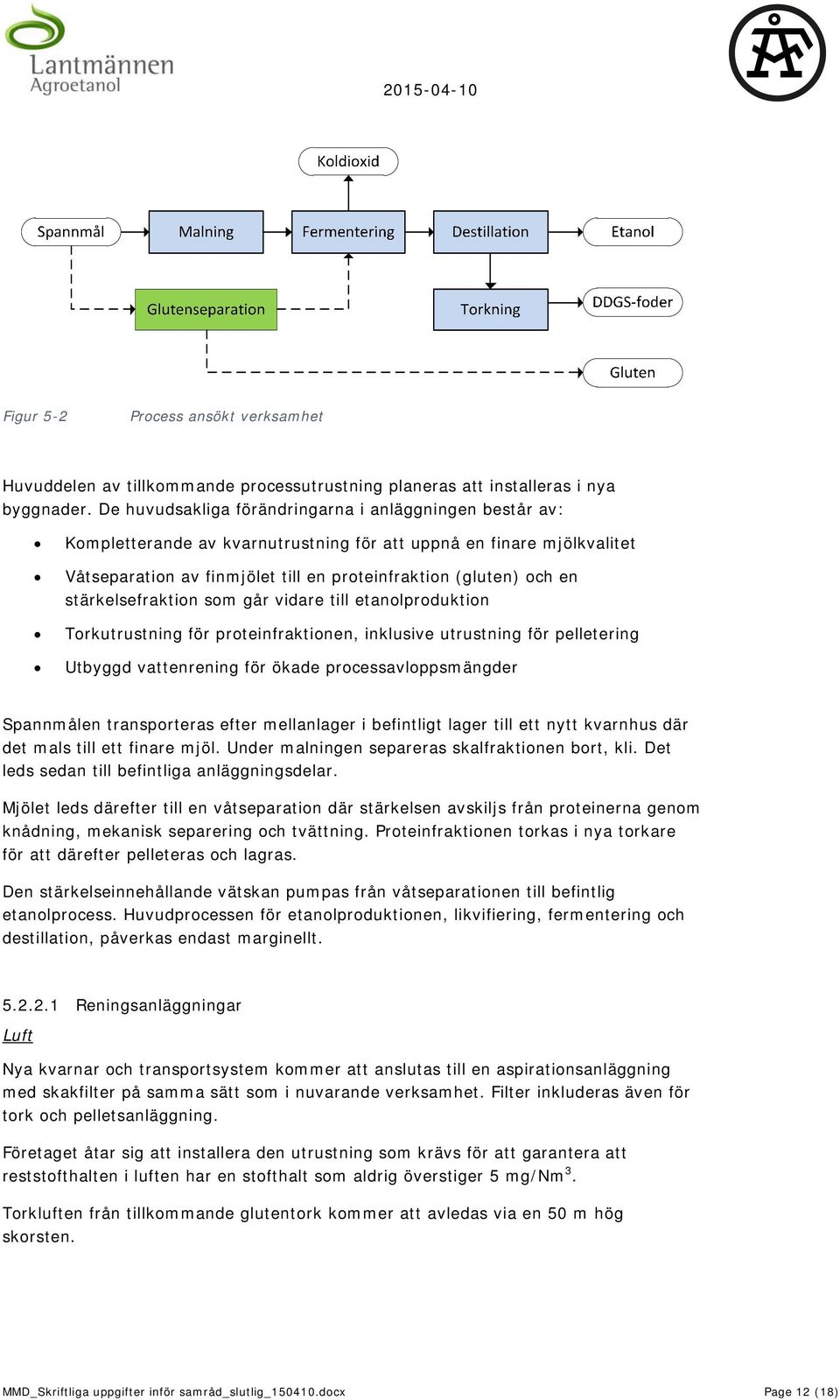 stärkelsefraktion som går vidare till etanolproduktion Torkutrustning för proteinfraktionen, inklusive utrustning för pelletering Utbyggd vattenrening för ökade processavloppsmängder Spannmålen