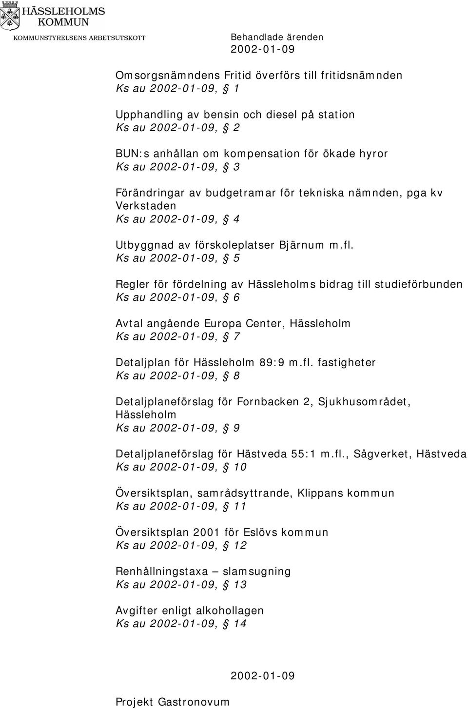 Ks au 2002-01-09, 5 Regler för fördelning av Hässleholms bidrag till studieförbunden Ks au 2002-01-09, 6 Avtal angående Europa Center, Hässleholm Ks au 2002-01-09, 7 Detaljplan för Hässleholm 89:9 m.