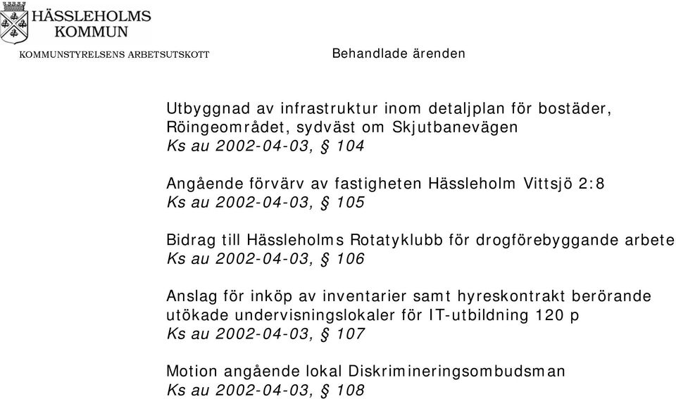 drogförebyggande arbete Ks au 2002-04-03, 106 Anslag för inköp av inventarier samt hyreskontrakt berörande utökade