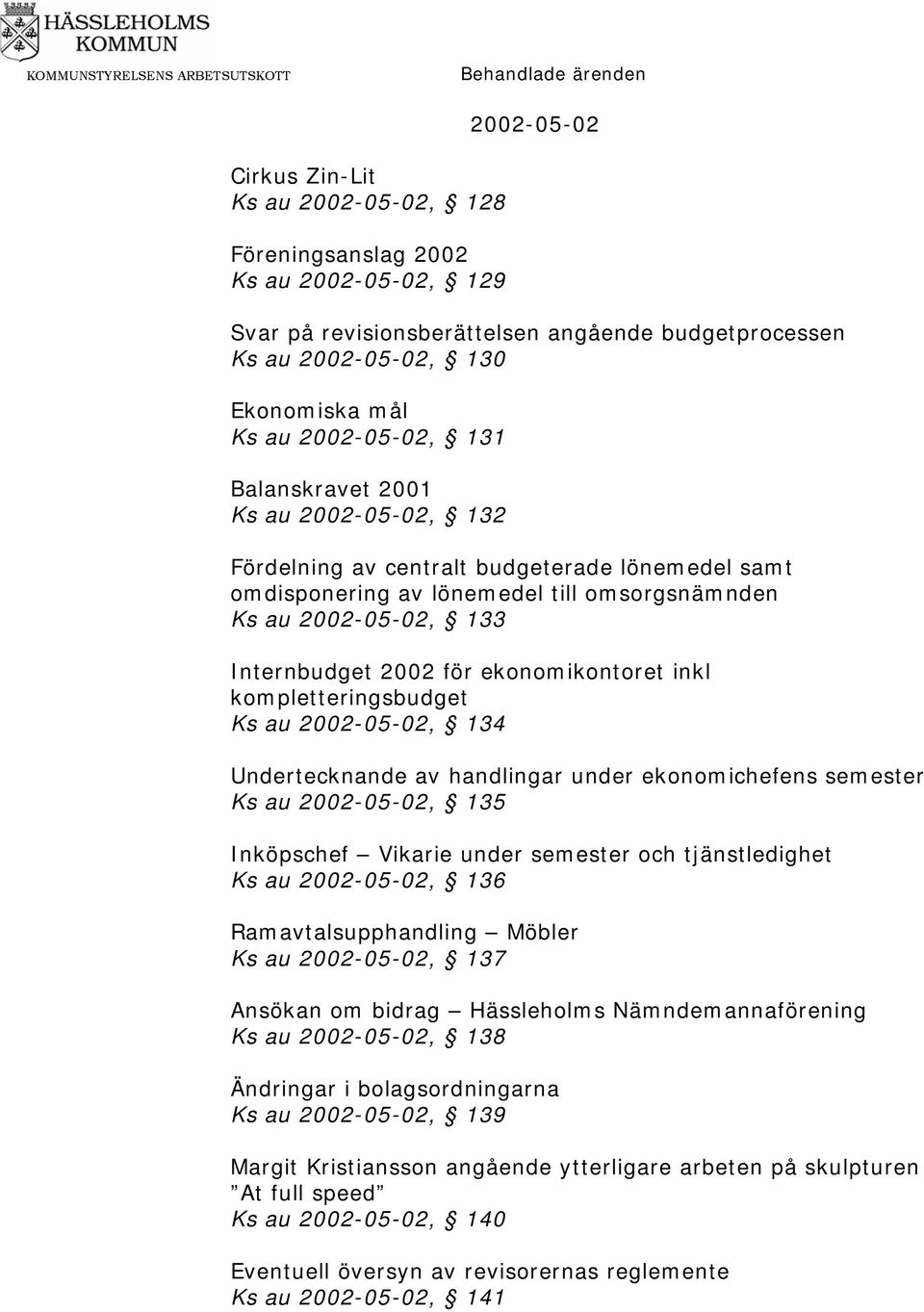 ekonomikontoret inkl kompletteringsbudget Ks au 2002-05-02, 134 Undertecknande av handlingar under ekonomichefens semester Ks au 2002-05-02, 135 Inköpschef Vikarie under semester och tjänstledighet