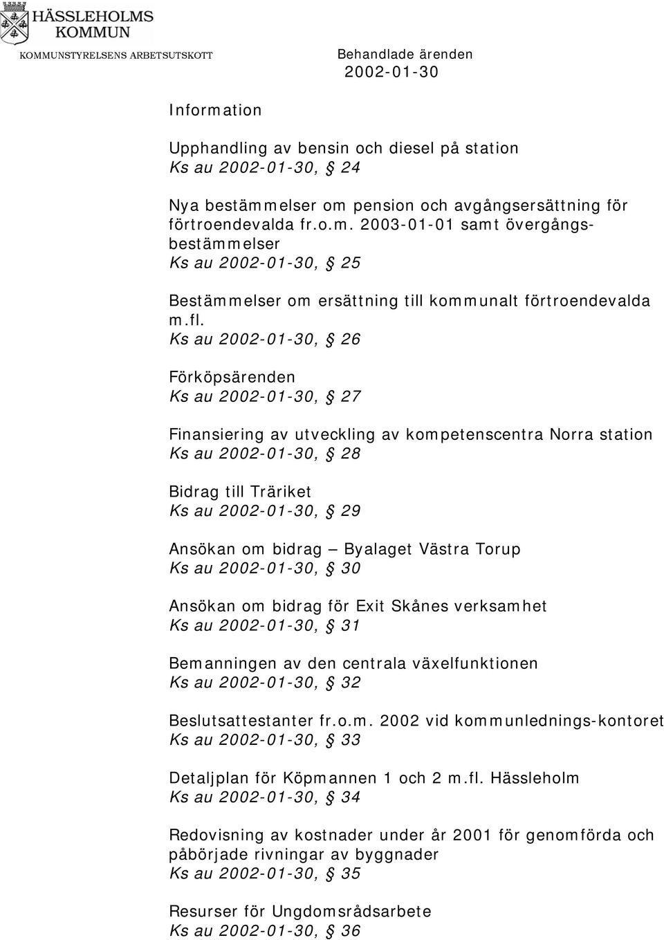 bidrag Byalaget Västra Torup Ks au 2002-01-30, 30 Ansökan om bidrag för Exit Skånes verksamhet Ks au 2002-01-30, 31 Bemanningen av den centrala växelfunktionen Ks au 2002-01-30, 32 Beslutsattestanter