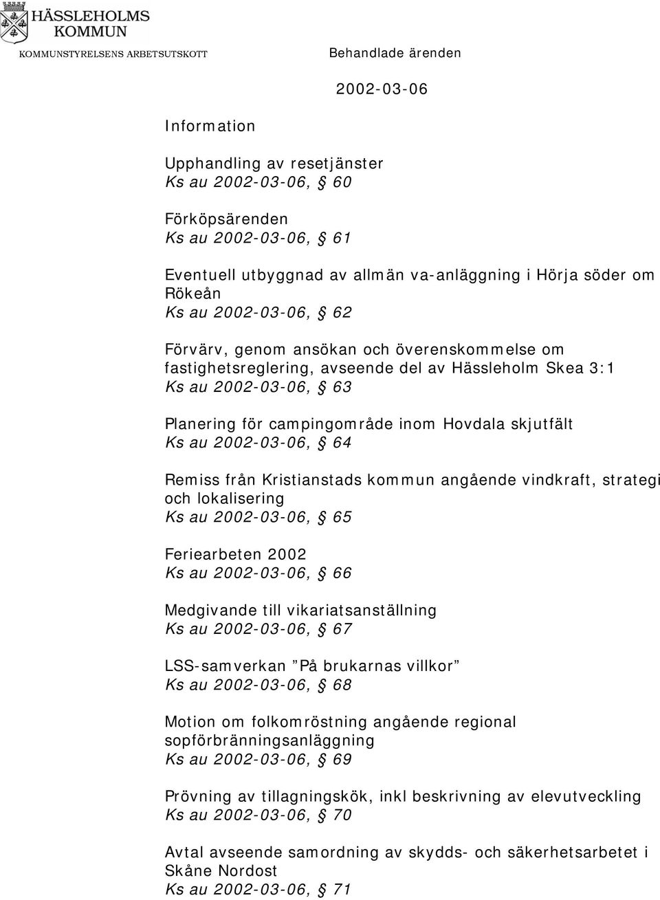Remiss från Kristianstads kommun angående vindkraft, strategi och lokalisering Ks au 2002-03-06, 65 Feriearbeten 2002 Ks au 2002-03-06, 66 Medgivande till vikariatsanställning Ks au 2002-03-06, 67