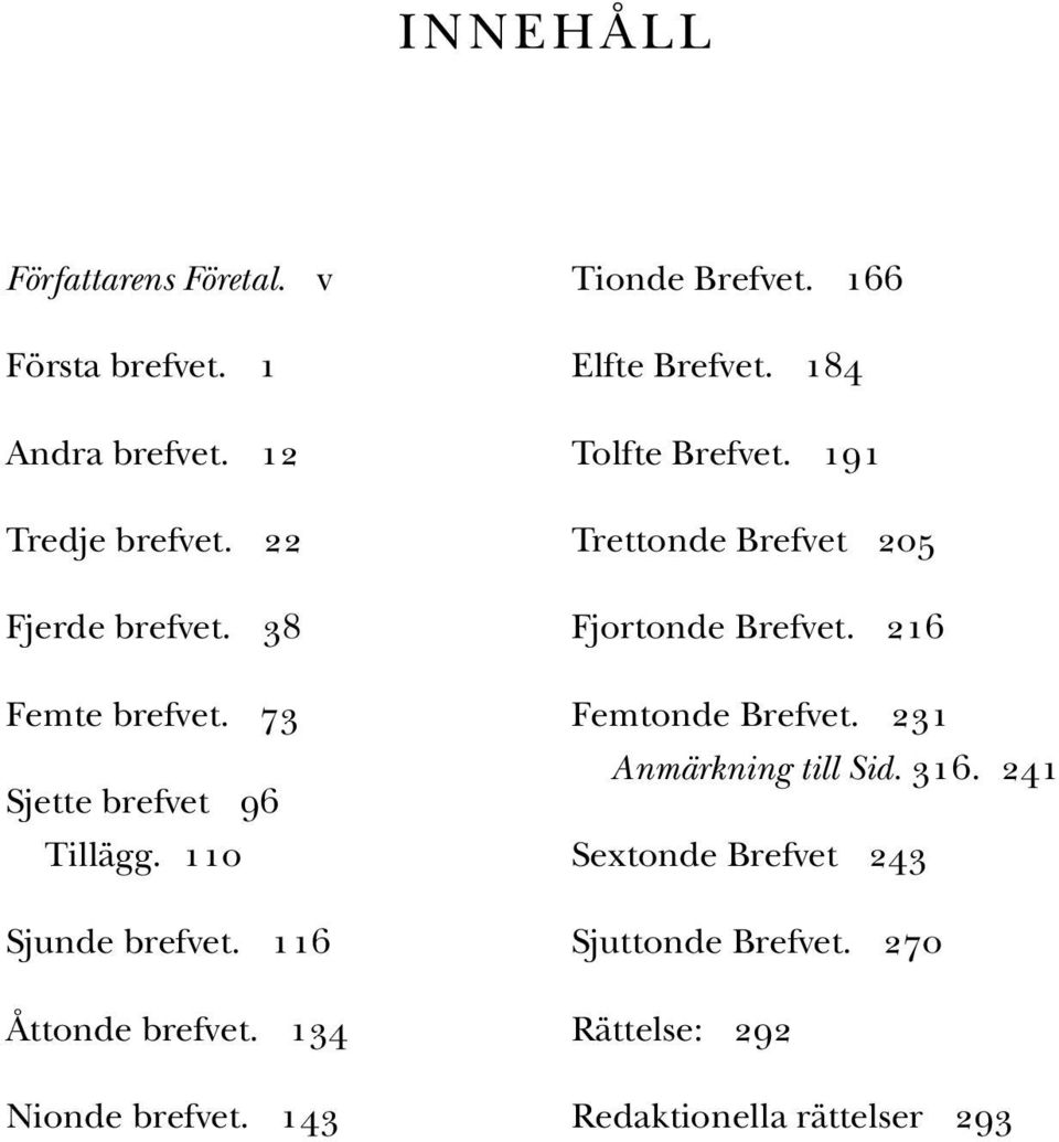 191 Trettonde Brefvet 205 Fjortonde Brefvet. 216 Femtonde Brefvet. 231 Anmärkning till Sid. 316.