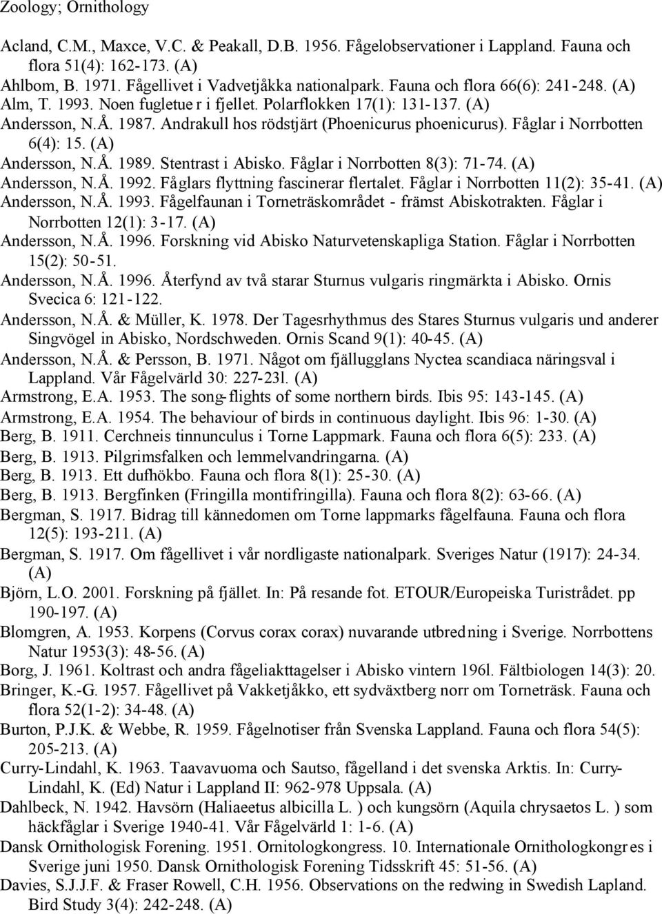 Fåglar i Norrbotten 6(4): 15. Andersson, N.Å. 1989. Stentrast i Abisko. Fåglar i Norrbotten 8(3): 71-74. Andersson, N.Å. 1992. Fåglars flyttning fascinerar flertalet. Fåglar i Norrbotten 11(2): 35-41.