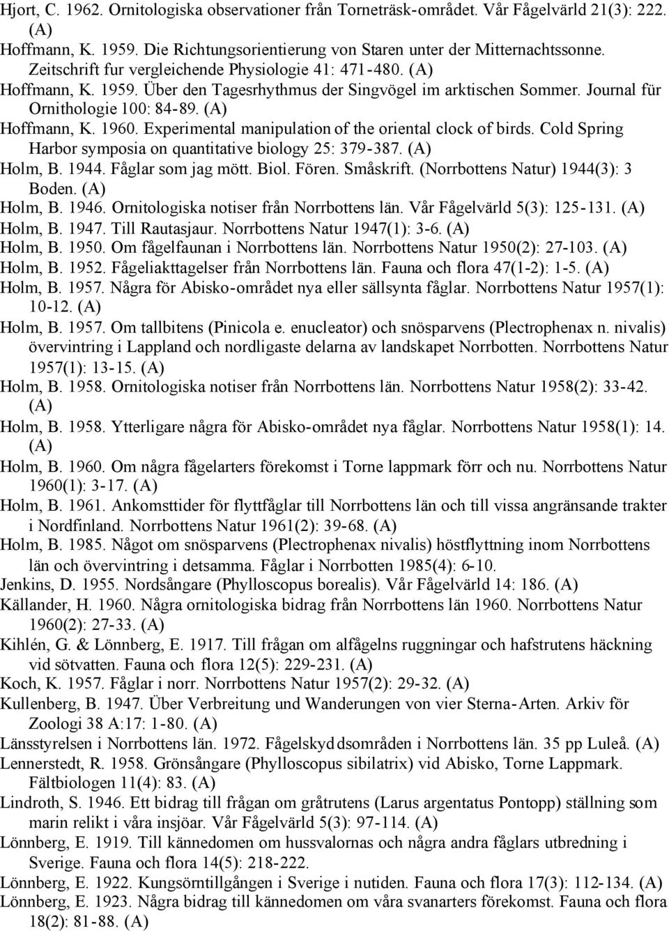 Experimental manipulation of the oriental clock of birds. Cold Spring Harbor symposia on quantitative biology 25: 379-387. Holm, B. 1944. Fåglar som jag mött. Biol. Fören. Småskrift.