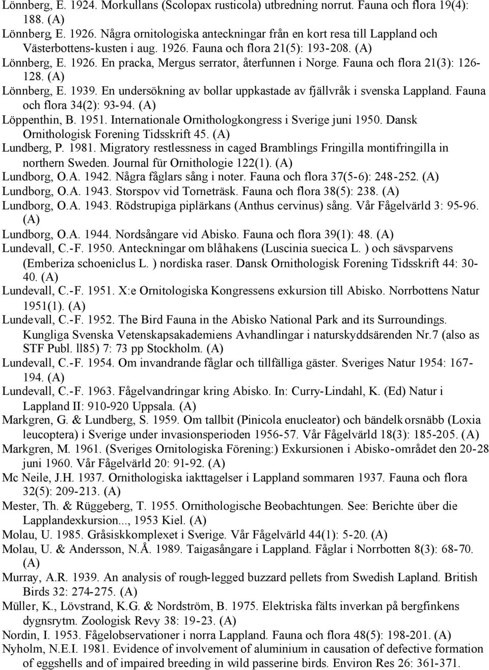 Fauna och flora 21(3): 126-128. Lönnberg, E. 1939. En undersökning av bollar uppkastade av fjällvråk i svenska Lappland. Fauna och flora 34(2): 93-94. Löppenthin, B. 1951.