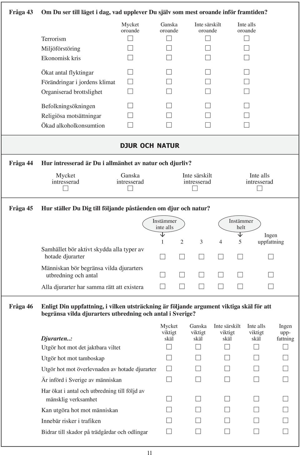 Befolkningsökningen Religiösa motsättningar Ökad alkoholkonsumtion DJUR OCH NATUR Fråga 44 Hur intresserad är Du i allmänhet av natur och djurliv?