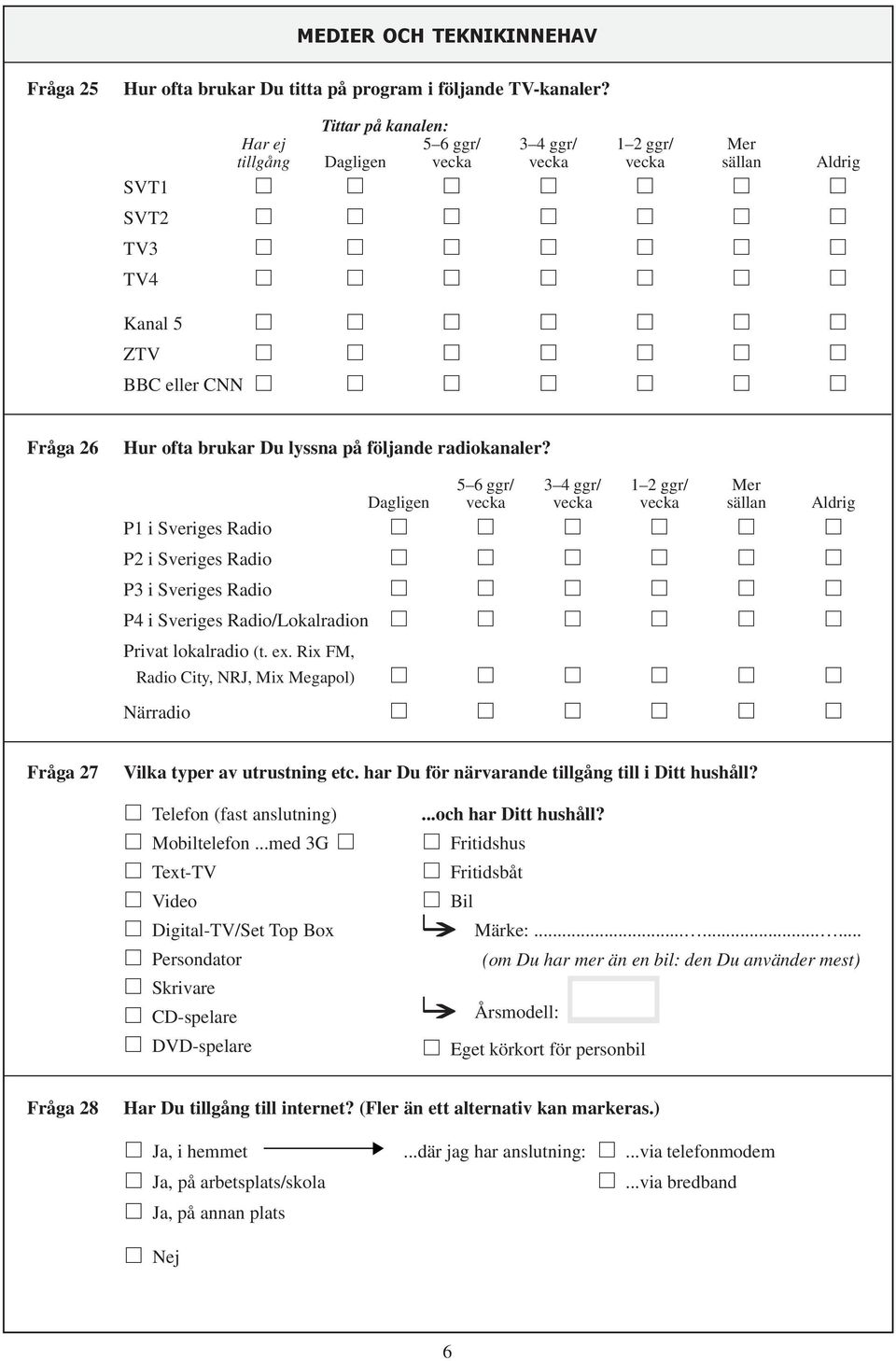 radiokanaler? 5 6 ggr/ 3 4 ggr/ 1 2 ggr/ Mer Dagligen vecka vecka vecka sällan Aldrig P1 i Sveriges Radio P2 i Sveriges Radio P3 i Sveriges Radio P4 i Sveriges Radio/Lokalradion Privat lokalradio (t.