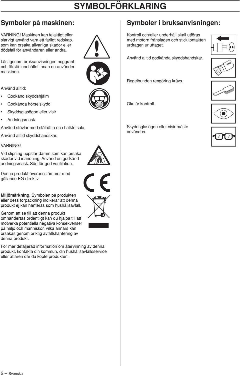 Använd alltid: Godkänd skyddshjälm Godkända hörselskydd Skyddsglasögon eller visir Andningsmask Använd stövlar med stålhätta och halkfri sula. Använd alltid skyddshandskar.