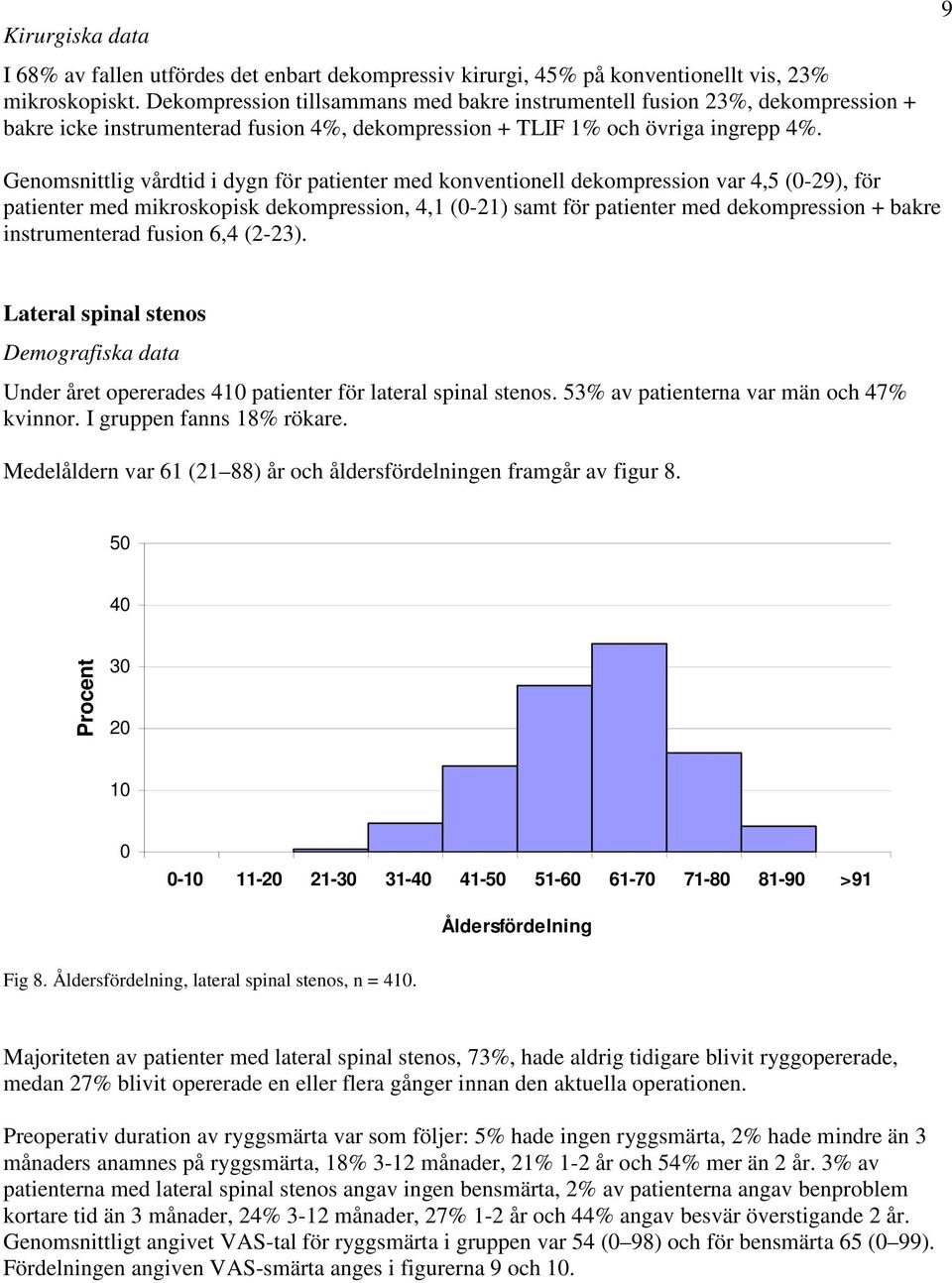 9 Genomsnittlig vårdtid i dygn för patienter med konventionell dekompression var 4,5 (-29), för patienter med mikroskopisk dekompression, 4,1 (-21) samt för patienter med dekompression + bakre