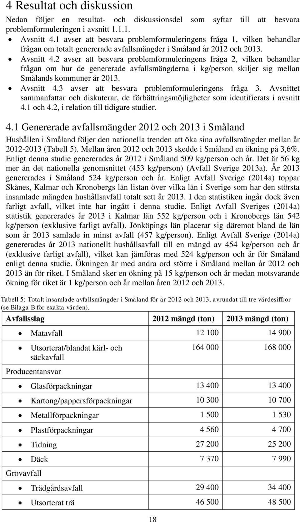 2 avser att besvara problemformuleringens fråga 2, vilken behandlar frågan om hur de genererade avfallsmängderna i kg/person skiljer sig mellan Smålands kommuner år 2013. Avsnitt 4.