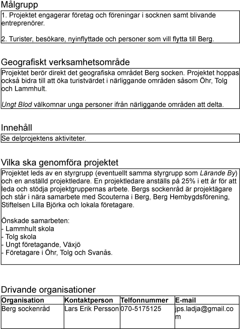 Ungt Blod välkomnar unga personer ifrån närliggande områden att delta. Innehåll Se delprojektens aktiviteter.