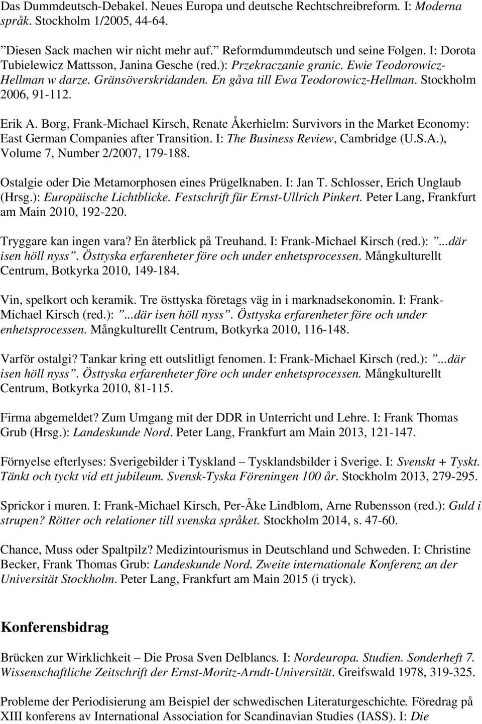 Erik A. Borg, Frank-Michael Kirsch, Renate Åkerhielm: Survivors in the Market Economy: East German Companies after Transition. I: The Business Review, Cambridge (U.S.A.), Volume 7, Number 2/2007, 179-188.