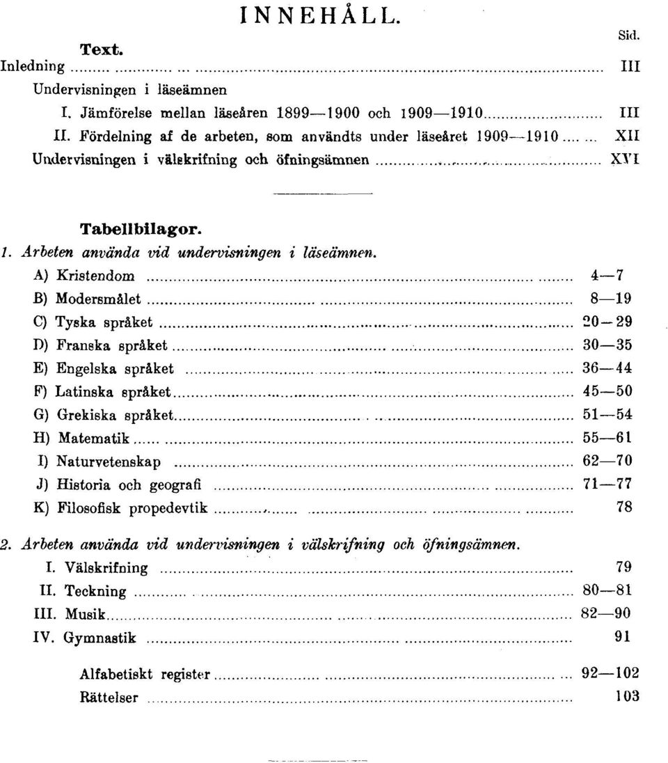 A) Kristendom 4 7 B) Modersmålet 8 19 C) Tyska språket 20 29 D) Franska språket 30 35 E) Engelska språket 36 44 F) Latinska språket 45 50 G) Grekiska språket 51 54 H) Matematik 55 61 I)