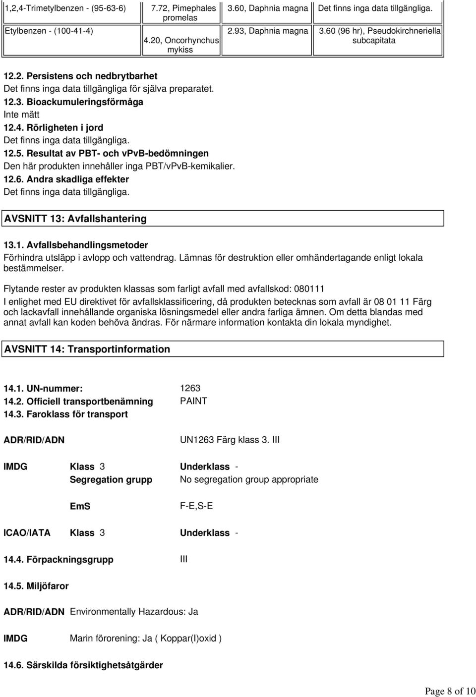 Rörligheten i jord Det finns inga 12.5. Resultat av PBT- och vpvb-bedömningen Den här produkten innehåller inga PBT/vPvB-kemikalier. 12.6.