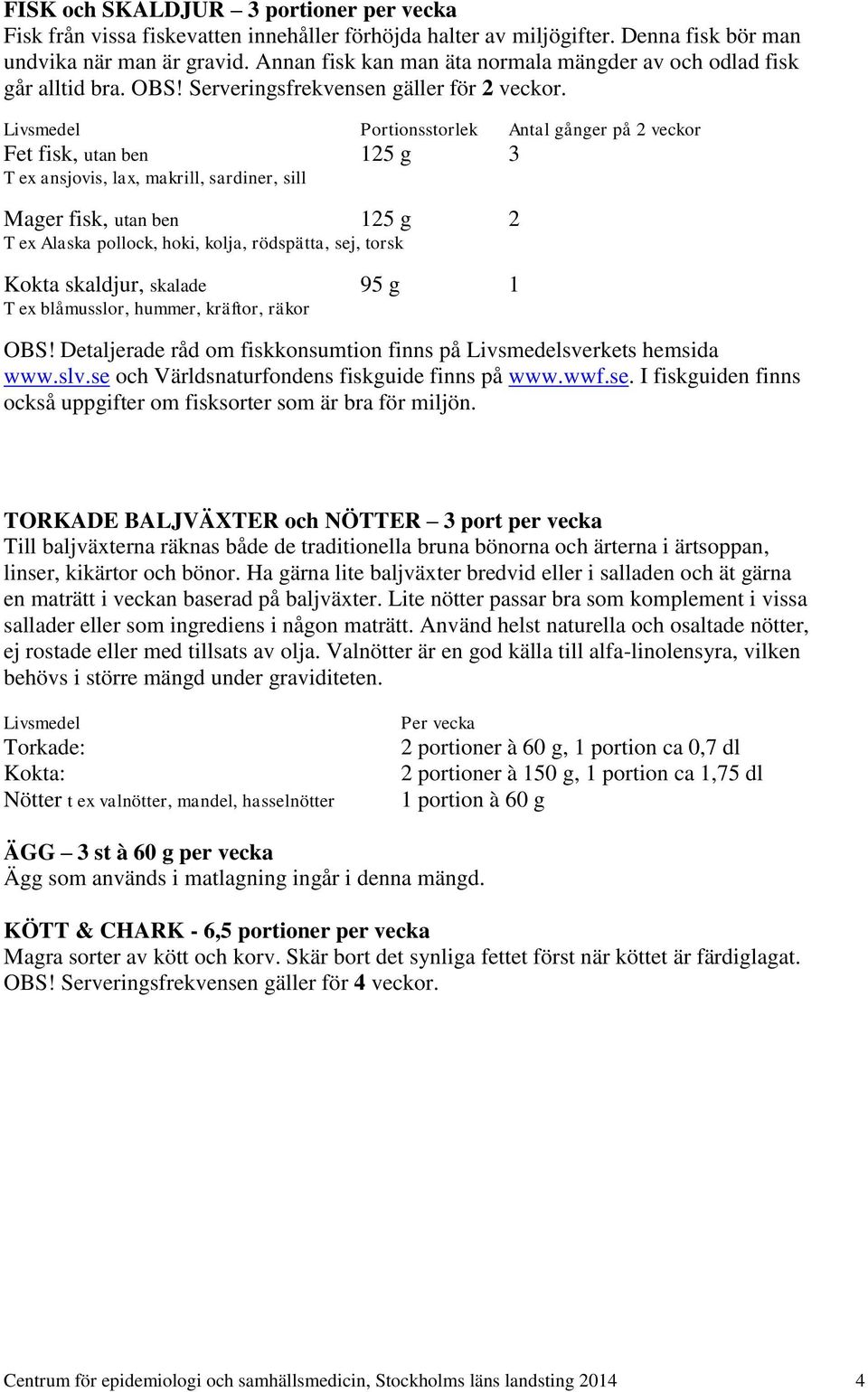 Portionsstorlek Antal gånger på 2 veckor Fet fisk, utan ben 3 T ex ansjovis, lax, makrill, sardiner, sill Mager fisk, utan ben 2 T ex Alaska pollock, hoki, kolja, rödspätta, sej, torsk Kokta