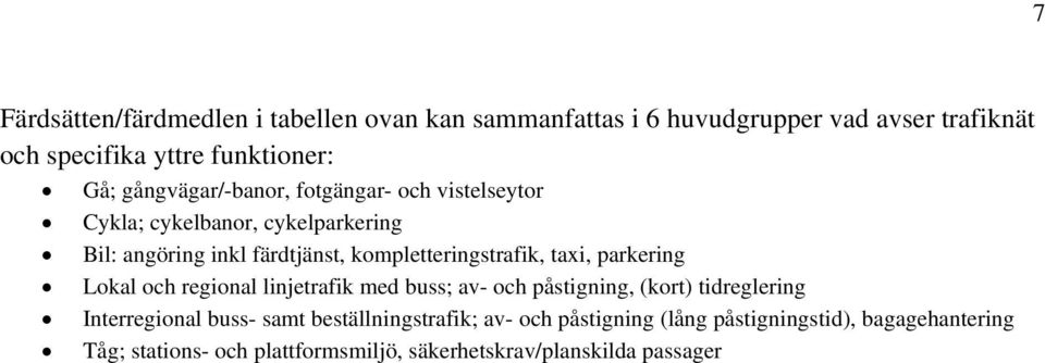 taxi, parkering Lokal och regional linjetrafik med buss; av- och påstigning, (kort) tidreglering Interregional buss- samt