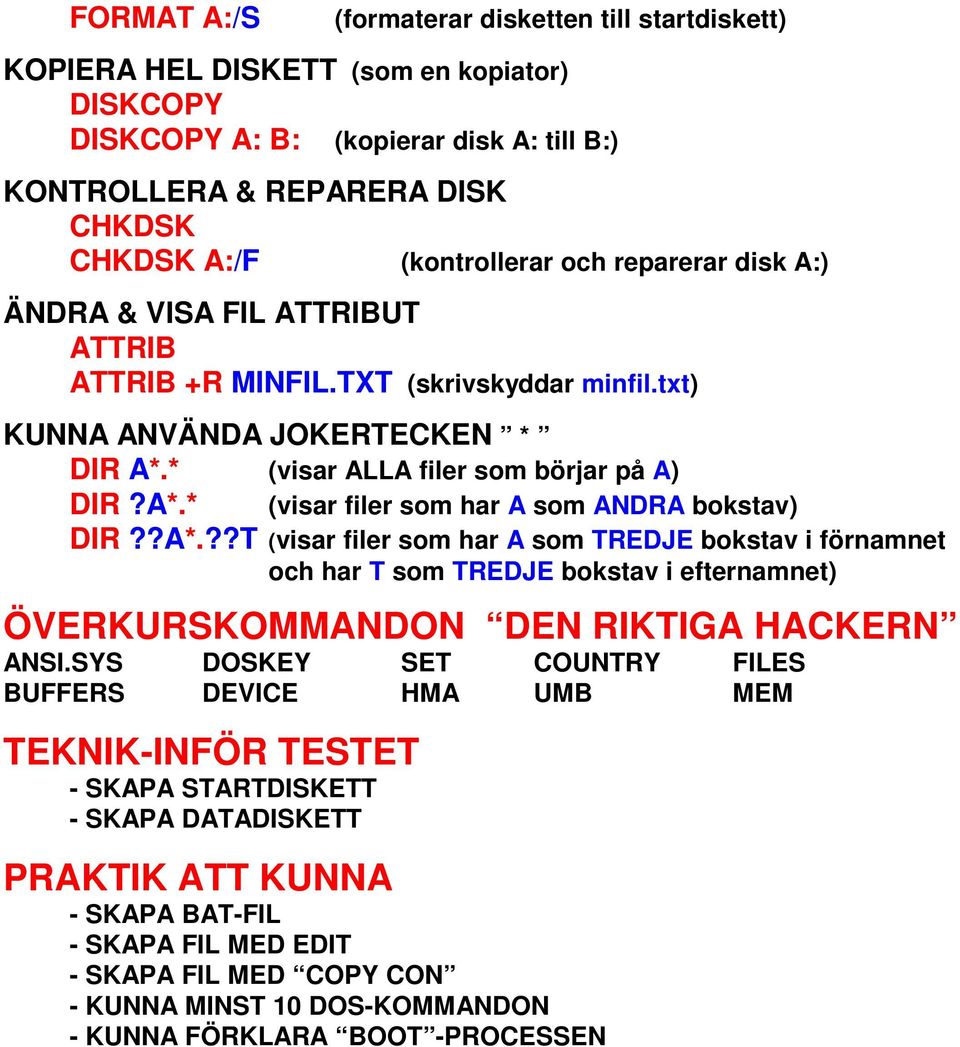 ?A*.??T (visar filer som har A som TREDJE bokstav i förnamnet och har T som TREDJE bokstav i efternamnet) ÖVERKURSKOMMANDON DEN RIKTIGA HACKERN ANSI.