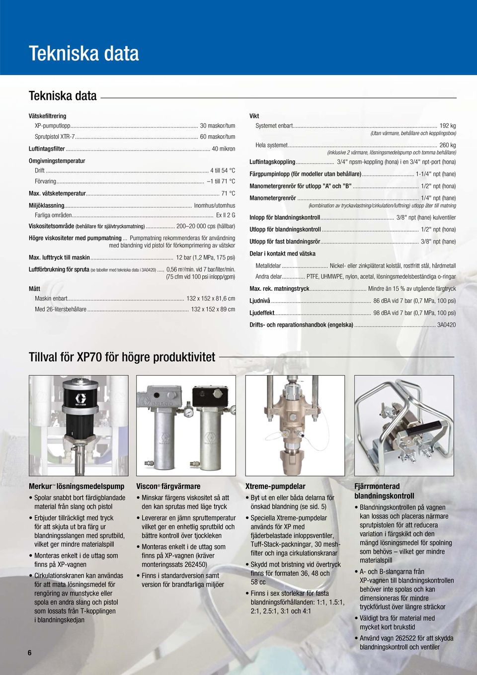 .. 200 20 000 cps (hällbar) Högre viskositeter med pumpmatning... Pumpmatning rekommenderas för användning med blandning vid pistol för förkomprimering av vätskor Max. lufttryck till maskin.