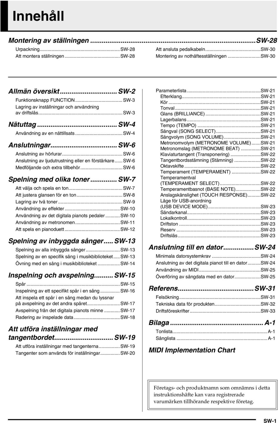 .. SW-6 Anslutning av ljudutrustning eller en förstärkare... SW-6 Medföljande och extra tillbehör... SW-6 Spelning med olika toner... SW-7 Att välja och spela en ton.