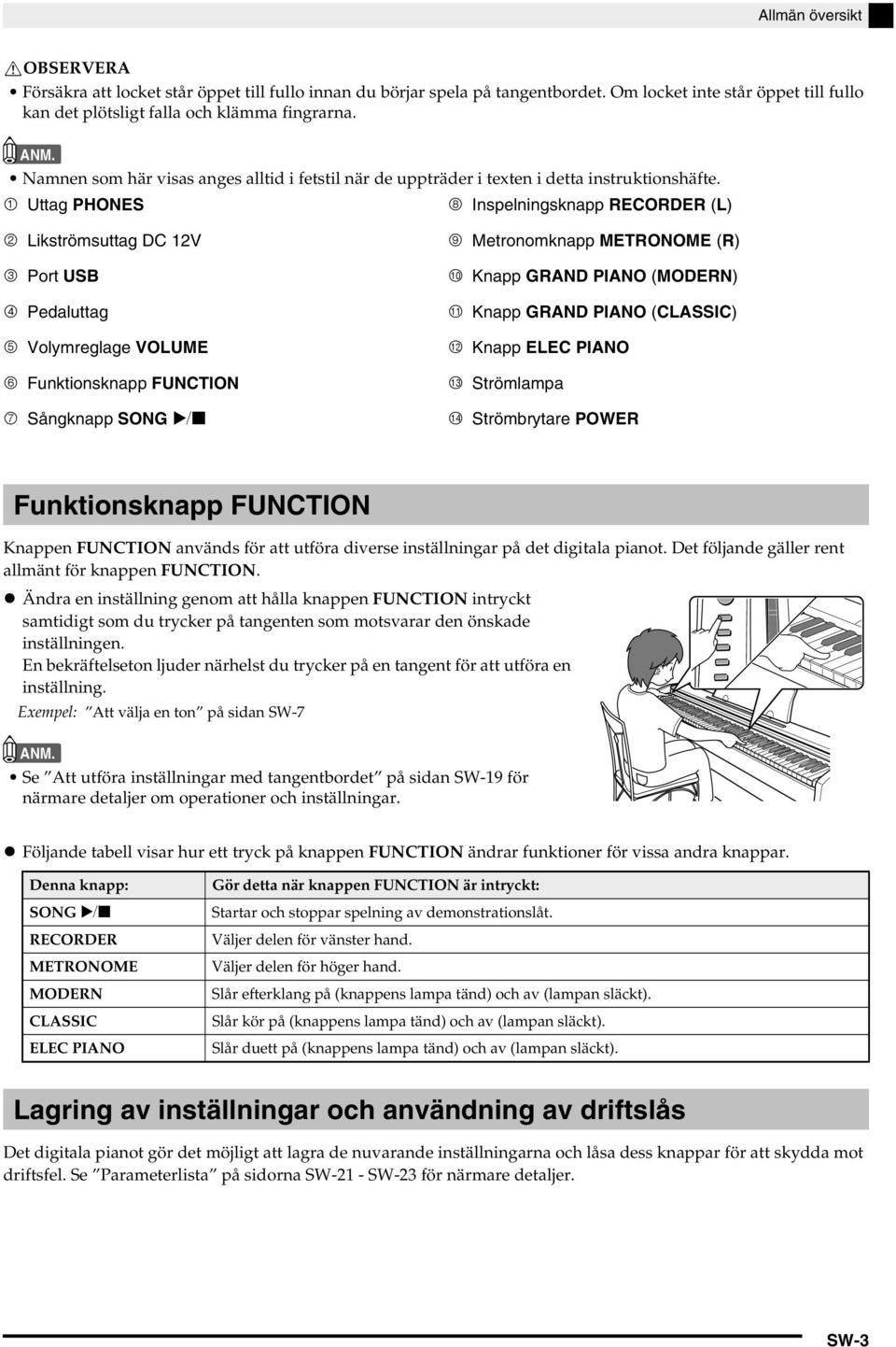 1 Uttag PHNES 8 Inspelningsknapp RECRDER (L) 2 Likströmsuttag DC 12V 3 Port USB 4 Pedaluttag 5 Volymreglage VLUME 6 Funktionsknapp FUNCTIN 7 Sångknapp SNG a 9 Metronomknapp METRNME (R) bk Knapp GRAND