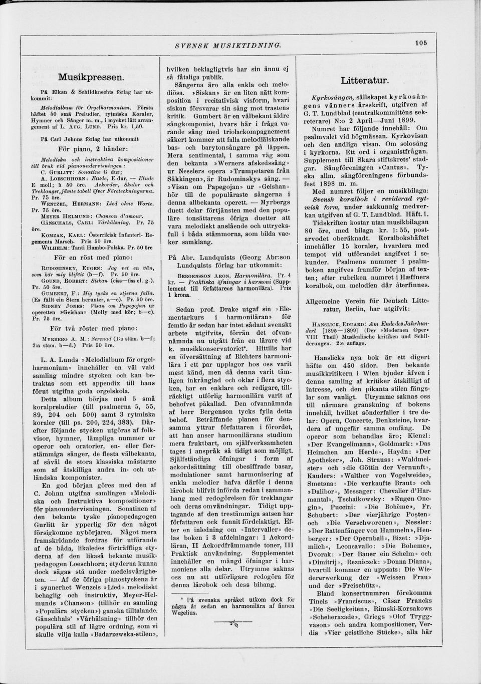 GURLITT: Sonatine G dur; A. LOESCHHORN : Etude, E dur, Etude E moll; à 60 öre. Ackorder, Skator och Treklanger,jämte tabell öfver Företeckningarna. Pr. 75 öre. WENTZEL, HERMANN: Lied ohne Worte. Pr. 75 öre. MEYER HELMUND: Chanson d'amour.