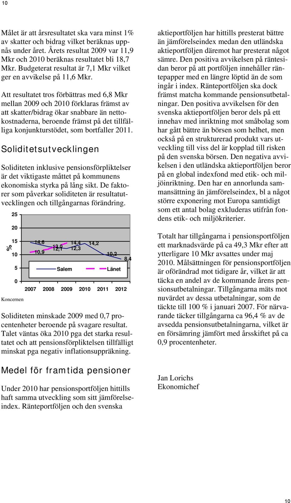 Att resultatet tros förbättras med 6,8 Mkr mellan 2009 och 2010 förklaras främst av att skatter/bidrag ökar snabbare än netto- beroende främst på det tillfäl- liga konjunkturstödet, som bortfaller