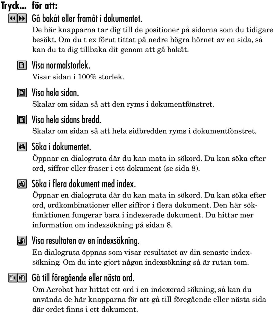 Skalar om sidan så att den ryms i dokumentfönstret. Visa hela sidans bredd. Skalar om sidan så att hela sidbredden ryms i dokumentfönstret. Söka i dokumentet.