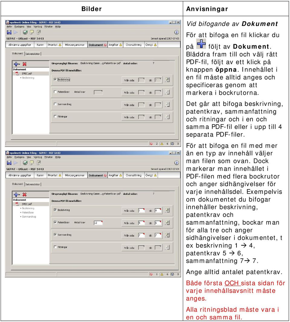 Det går att bifoga beskrivning, patentkrav, sammanfattning och ritningar och i en och samma PDF-fil eller i upp till 4 separata PDF-filer.