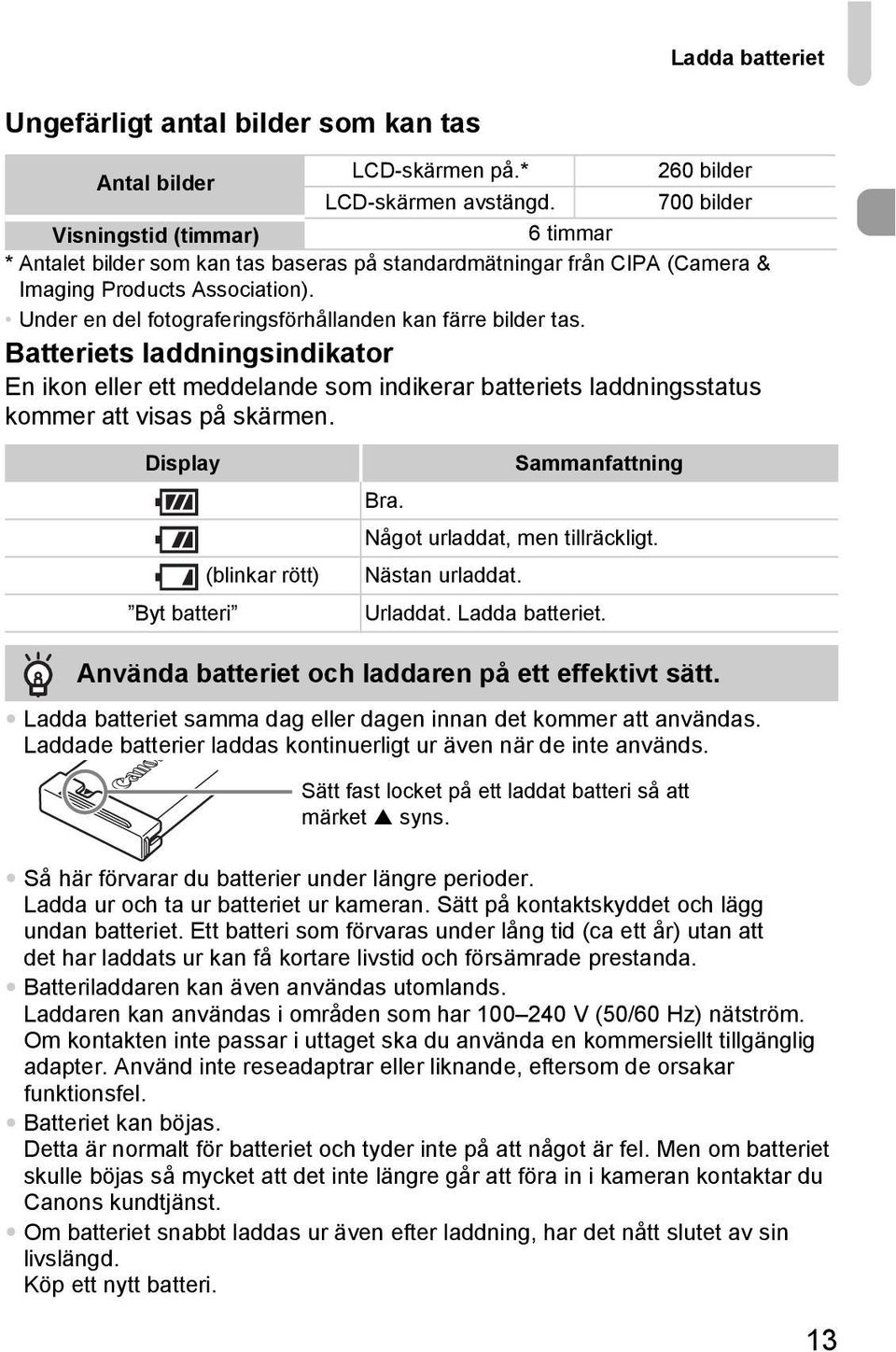 Under en del fotograferingsförhållanden kan färre bilder tas. Batteriets laddningsindikator En ikon eller ett meddelande som indikerar batteriets laddningsstatus kommer att visas på skärmen.