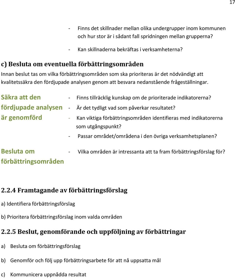 nedanstående frågeställningar. Säkra att den - Finns tillräcklig kunskap om de prioriterade indikatorerna? fördjupade analysen - Är det tydligt vad som påverkar resultatet?