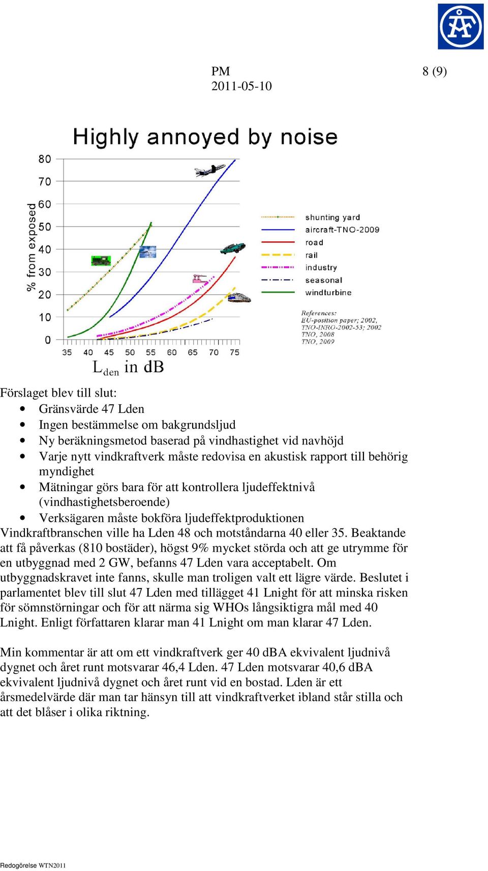 motståndarna 40 eller 35. Beaktande att få påverkas (810 bostäder), högst 9% mycket störda och att ge utrymme för en utbyggnad med 2 GW, befanns 47 Lden vara acceptabelt.