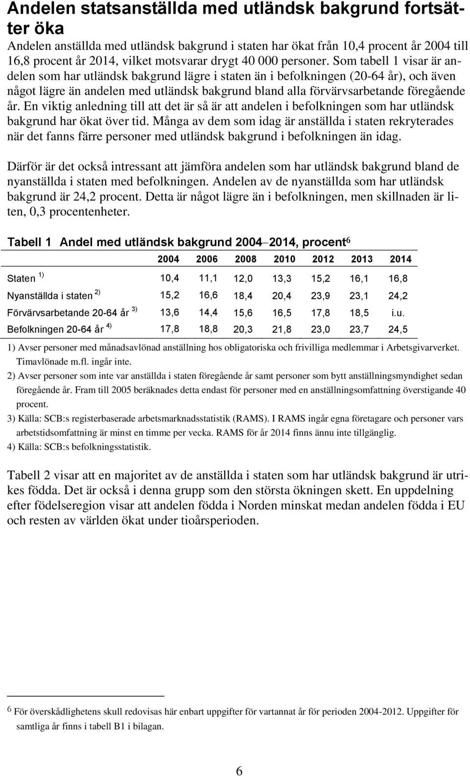 Som tabell 1 visar är andelen som har utländsk bakgrund lägre i staten än i befolkningen (20-64 år), och även något lägre än andelen med utländsk bakgrund bland alla förvärvsarbetande föregående år.