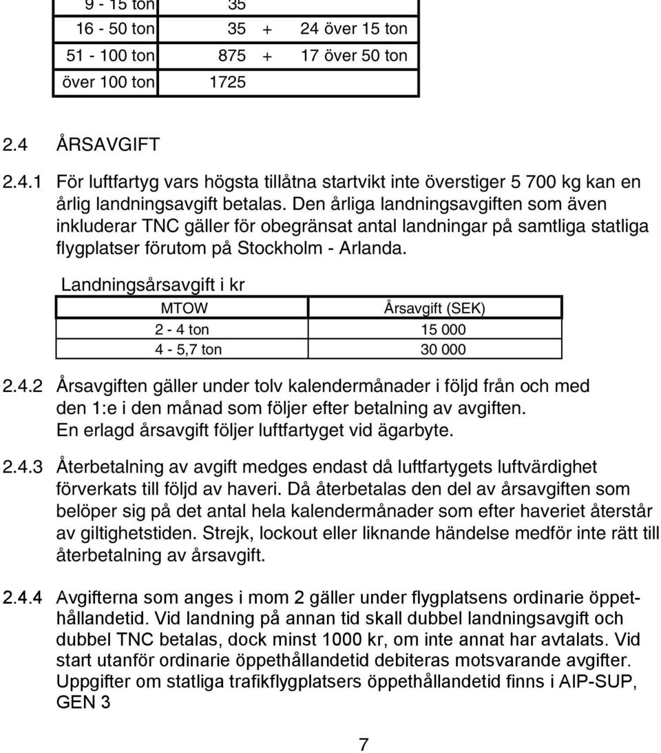 Landningsårsavgift i kr MTOW Årsavgift (SEK) 2-4 ton 15 000 4-5,7 ton 30 000 2.4.2 Årsavgiften gäller under tolv kalendermånader i följd från och med den 1:e i den månad som följer efter betalning av avgiften.