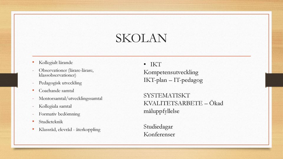 samtal - Formativ bedömning Studieteknik Klassråd, elevråd - återkoppling IKT