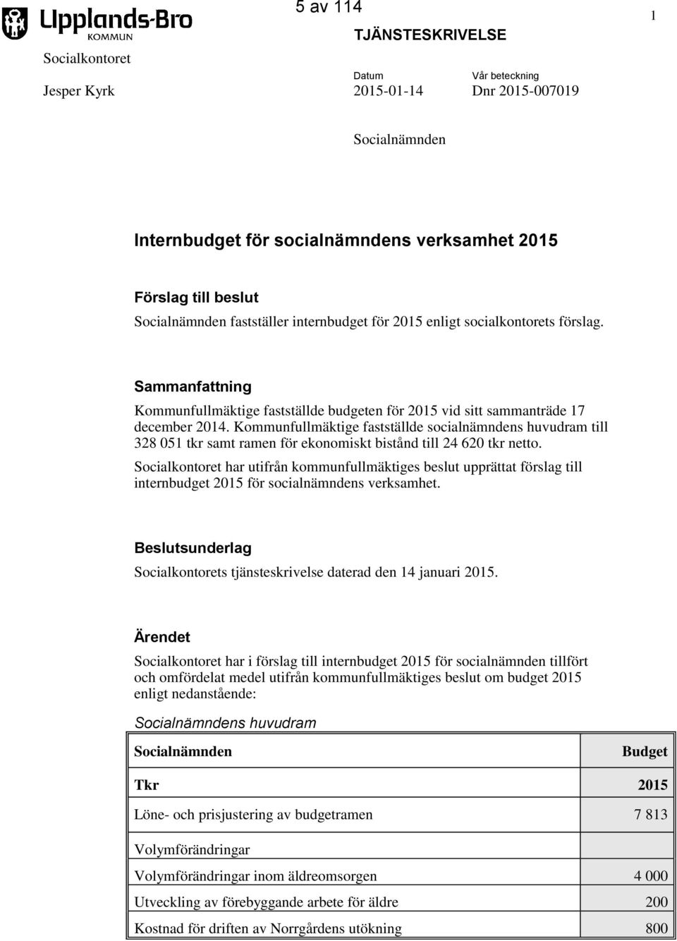 Kommunfullmäktige fastställde socialnämndens huvudram till 328 051 tkr samt ramen för ekonomiskt bistånd till 24 620 tkr netto.
