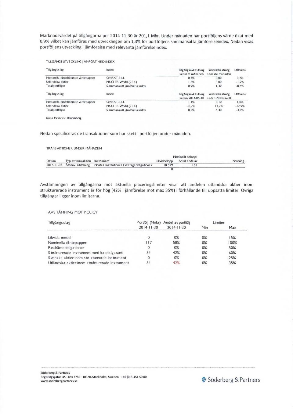 TILLGÄNGSUTVECKLING JÄMFÖRT MED INDEX Tillgångsslag Index Tillgångs avkastning Indexavkastning Differens senaste månaden senaste månaden Nominella räntebärande värdepapper OMRXT-B ILL.2%.