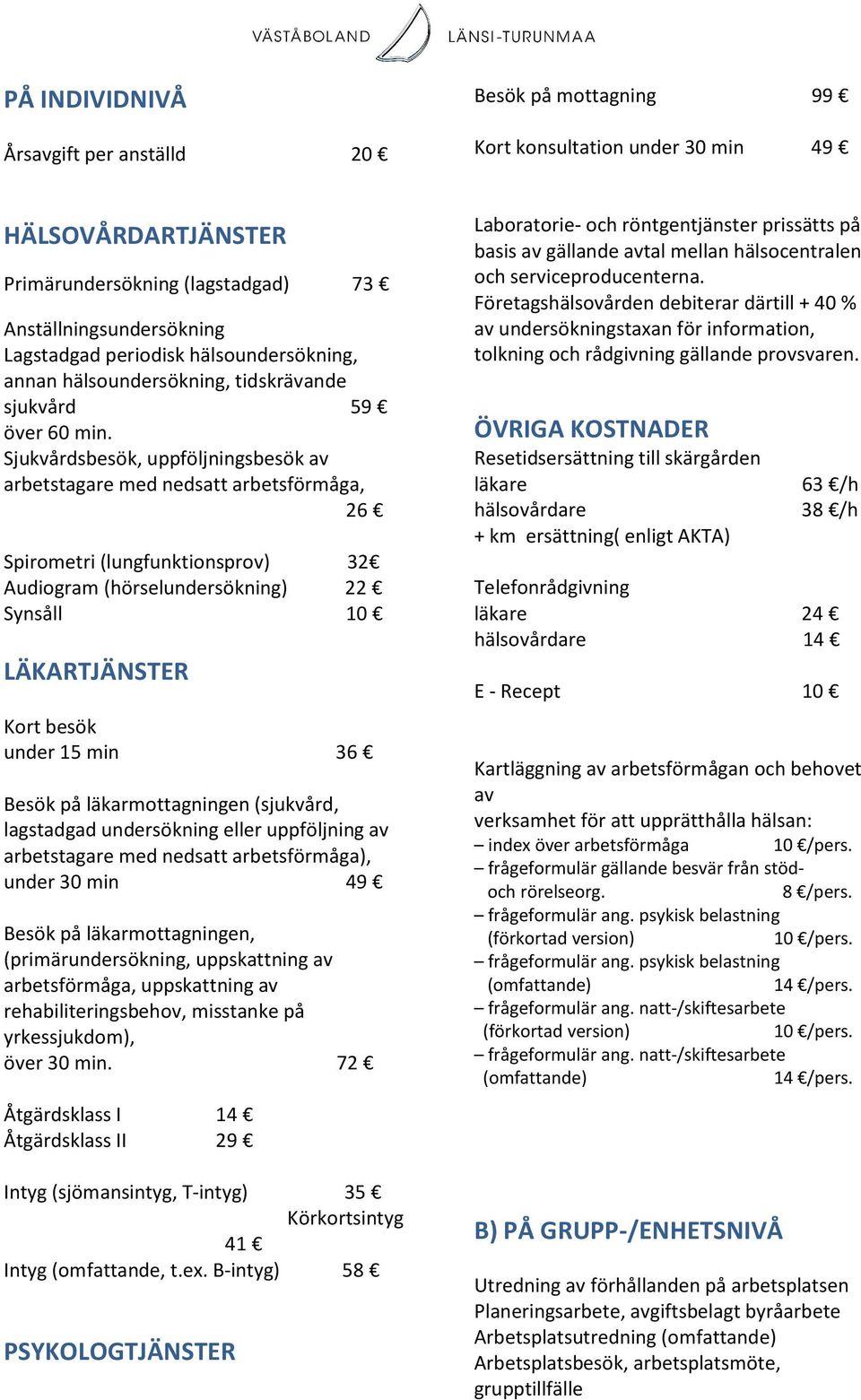 Sjukvårdsbesök, uppföljningsbesök av arbetstagare med nedsatt arbetsförmåga, 26 Spirometri (lungfunktionsprov) 32 Audiogram (hörselundersökning) 22 Synsåll 10 LÄKARTJÄNSTER Kort besök under 15 min 36