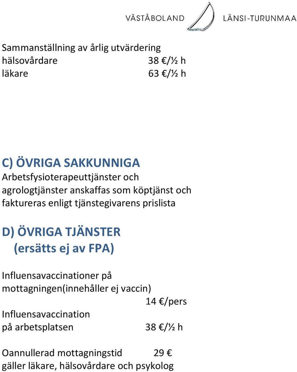 tjänstegivarens prislista D) ÖVRIGA TJÄNSTER (ersätts ej av FPA) Influensavaccinationer på
