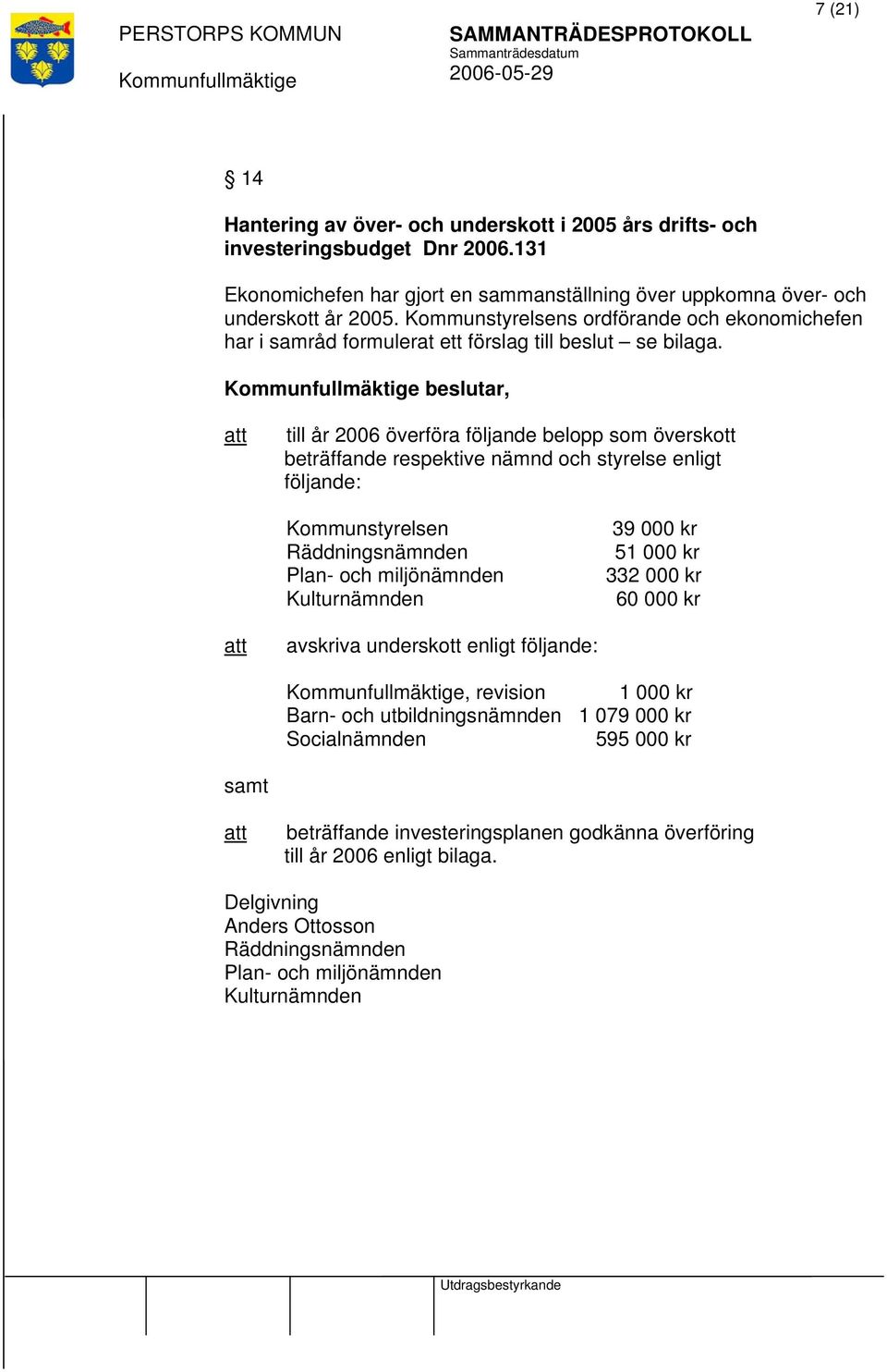 beslutar, till år 2006 överföra följande belopp som överskott beträffande respektive nämnd och styrelse enligt följande: Kommunstyrelsen Räddningsnämnden Plan- och miljönämnden Kulturnämnden 39 000