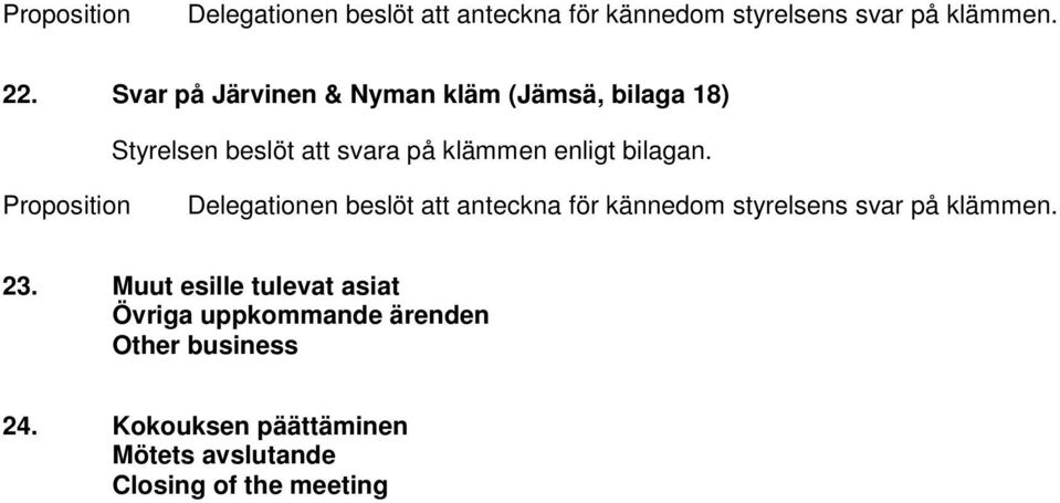 bilagan. Delegationen beslöt att anteckna för kännedom styrelsens svar på klämmen. 23.