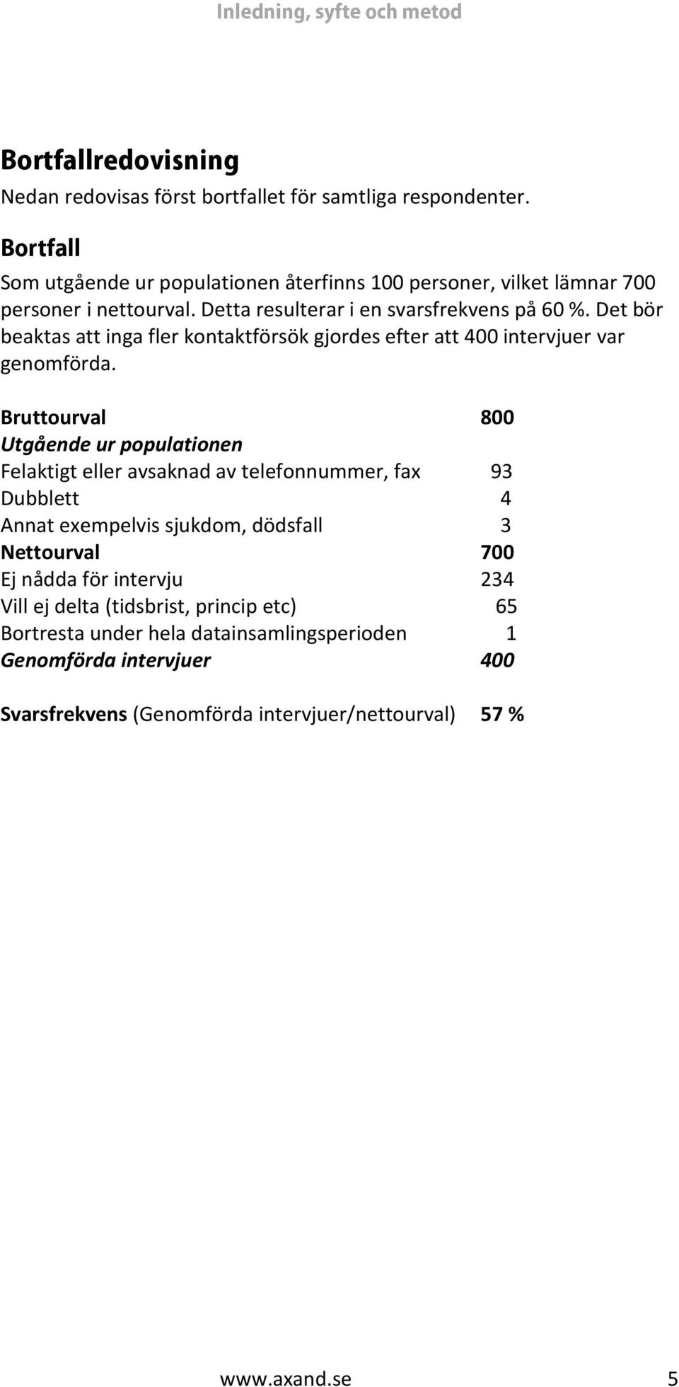 Det bör beaktas att inga fler kontaktförsök gjordes efter att 400 intervjuer var genomförda.