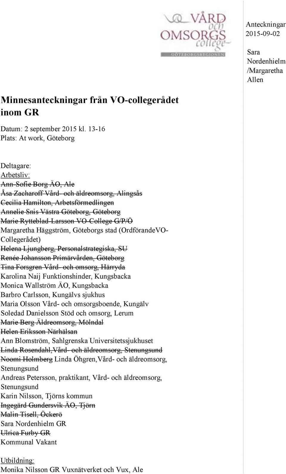 Marie Rytteblad-Larsson VO-College G/P/Ö Margaretha Häggström, Göteborgs stad (OrdförandeVO- Collegerådet) Helena Ljungberg, Personalstrategiska, SU Renée Johansson Primärvården, Göteborg Tina