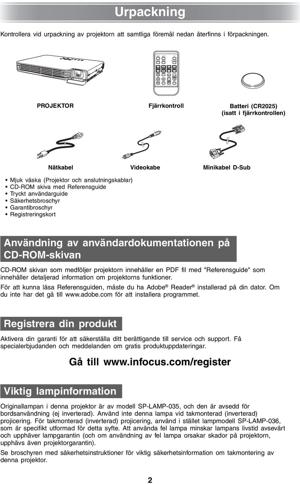 Säkerhetsbroschyr Garantibroschyr Registreringskort Användning av användardokumentationen på CD-ROM-skivan CD-ROM skivan som medföljer projektorn innehåller en PDF fil med "Referensguide" som