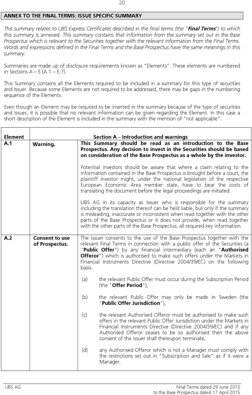 Words and expressions defined in the Final Terms and the Base Prospectus have the same meanings in this summary. Summaries are made up of disclosure requirements known as Elements.