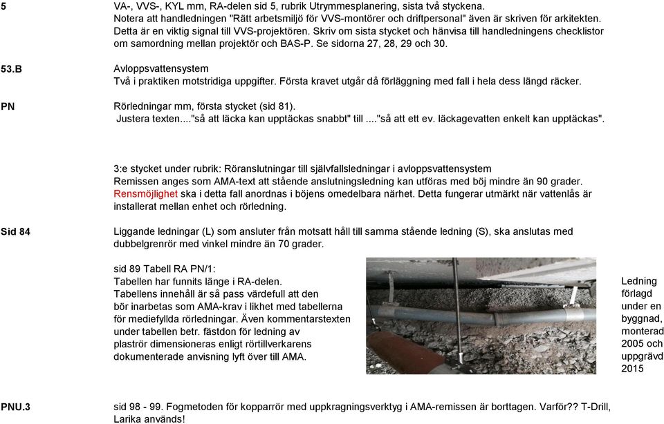 B Avloppsvattensystem Två i praktiken motstridiga uppgifter. Första kravet utgår då förläggning med fall i hela dess längd räcker. PN Rörledningar mm, första stycket (sid 81). Justera texten.